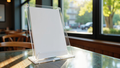 Blank menu stand on table in a café with natural light