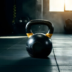Fototapeta premium Black kettlebell on gym floor with sunlight and dust particles fitness workout motivation strength training equipment