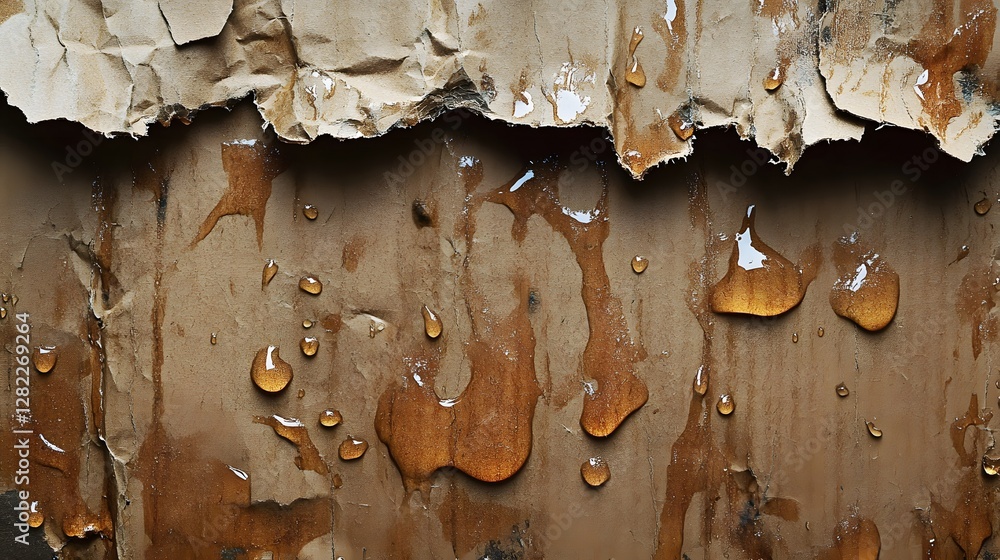Poster close-up shot of water droplets on a piece of torn cardboard. the image showcases a textured backgro