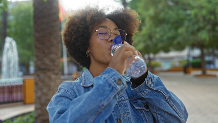 Woman drinking water in urban park with curly hair, wearing denim jacket, surrounded by trees and cityscape, embodying beauty and modernity in an outdoor setting.
