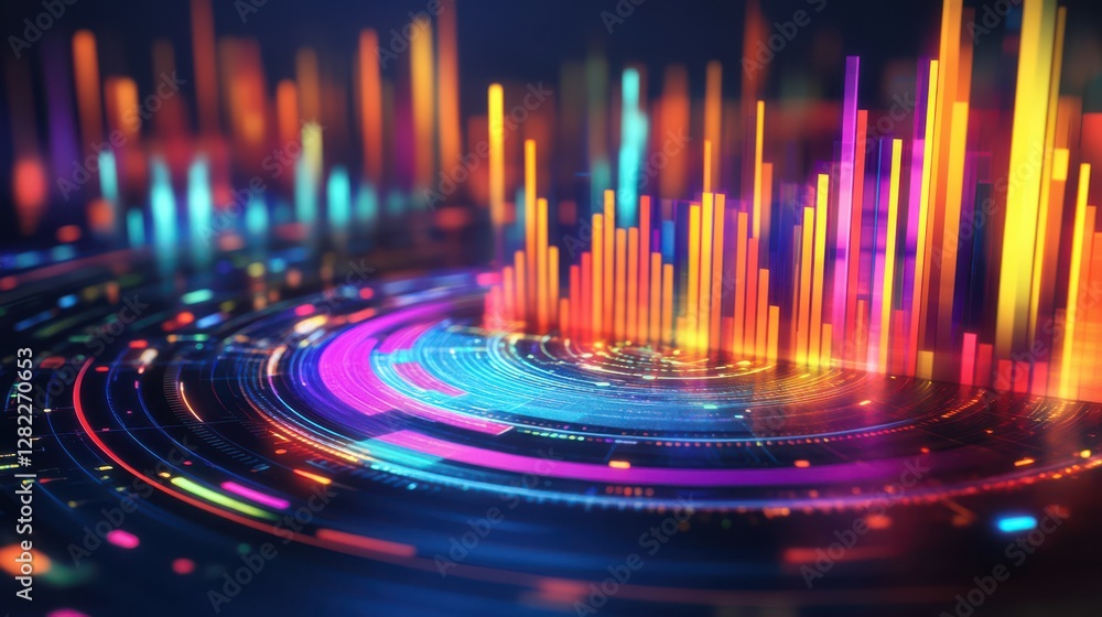 Poster vibrant sound wave visualization featuring colorful bars on circular platform, showcasing audio data