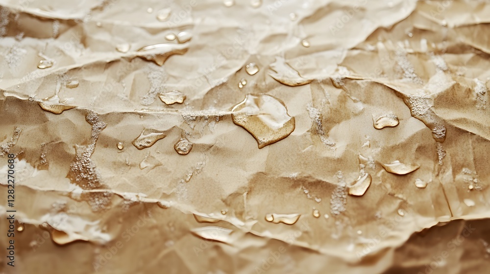 Poster close-up of crumpled brown paper with water droplets. abstract texture background. abstract wet brow
