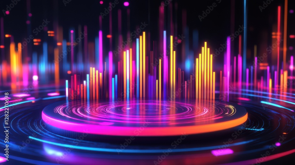 Poster vibrant sound wave visualization featuring colorful bars on circular platform, showcasing audio data