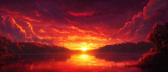 Fototapeta premium Fiery sunset over calm lake, trees silhouetted, nature background, ideal for screensavers