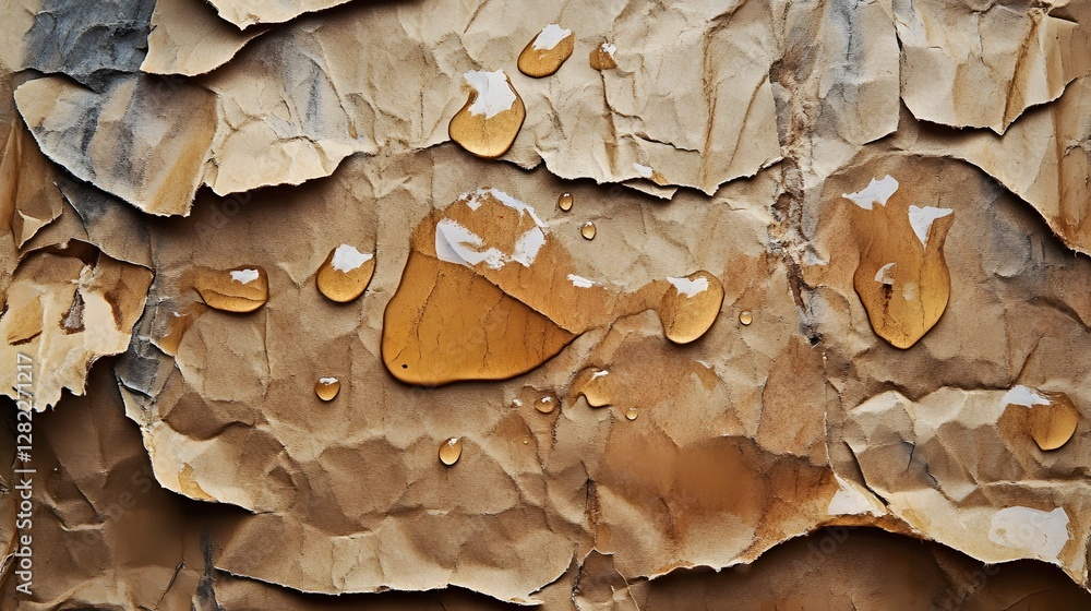 Aufkleber close-up shot of crumpled brown paper with water droplets. abstract texture background. abstract wet