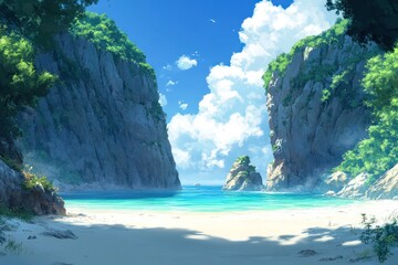 Obraz premium Secluded cove beach, idyllic summer scene, tranquil ocean; travel brochure