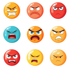 Fototapeta premium A collection of nine cartoon-style angry emoticons in vibrant colors, depicting various expressions of anger and frustration
