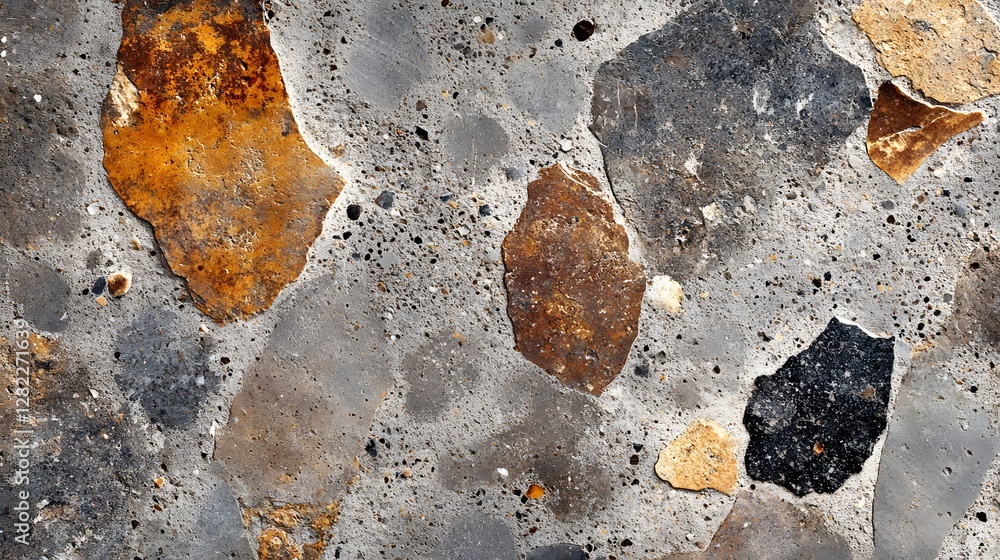 Poster Close-up view of a stone mosaic. Irregular shapes and tones create a unique texture. Intricate Stone Mosaic: A Textured Masterpiece