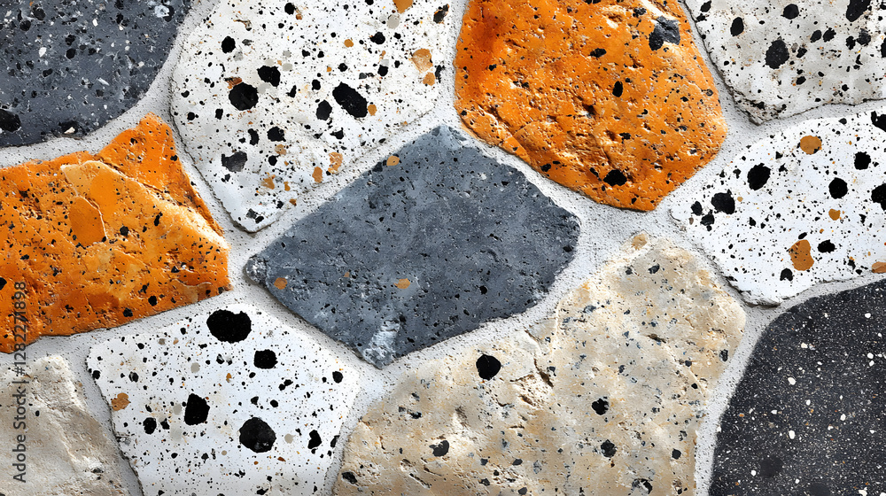 Poster close-up of a stone wall with various colors and shapes. the image shows a mix of orange, gray and w