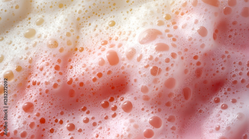 Poster Close-up view of pink and white foam with varying bubble sizes. Abstract background texture image. Abstract Close-up of Pink and White Foam Texture