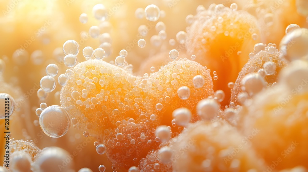 Poster close-up shot of orange bubbles, abstract texture, macro photography. abstract macro photography: bu