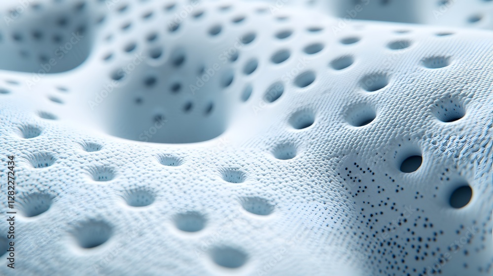 Poster Detailed macro shot of a light blue perforated memory foam surface. The texture is soft and inviting. Close-up of Perforated Memory Foam Texture