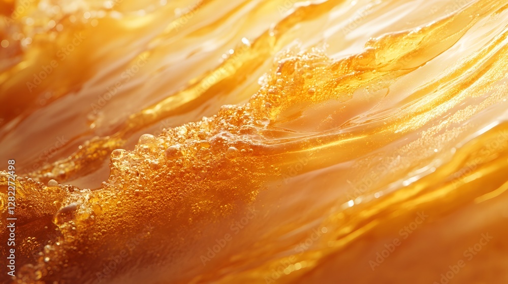 Poster close-up of an amber liquid with rippling waves and bubbles. abstract and golden texture. golden liq