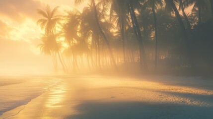 Tropical beach sunrise mist palm trees ocean