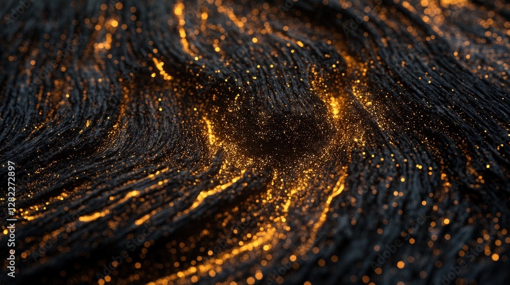 Poster abstract dark swirling texture with golden sparkling particles and glowing effect