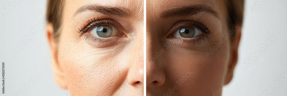 Poster Comparison of aging and youthfulness in a womans face highlighting smoothness and wrinkles. Generative AI