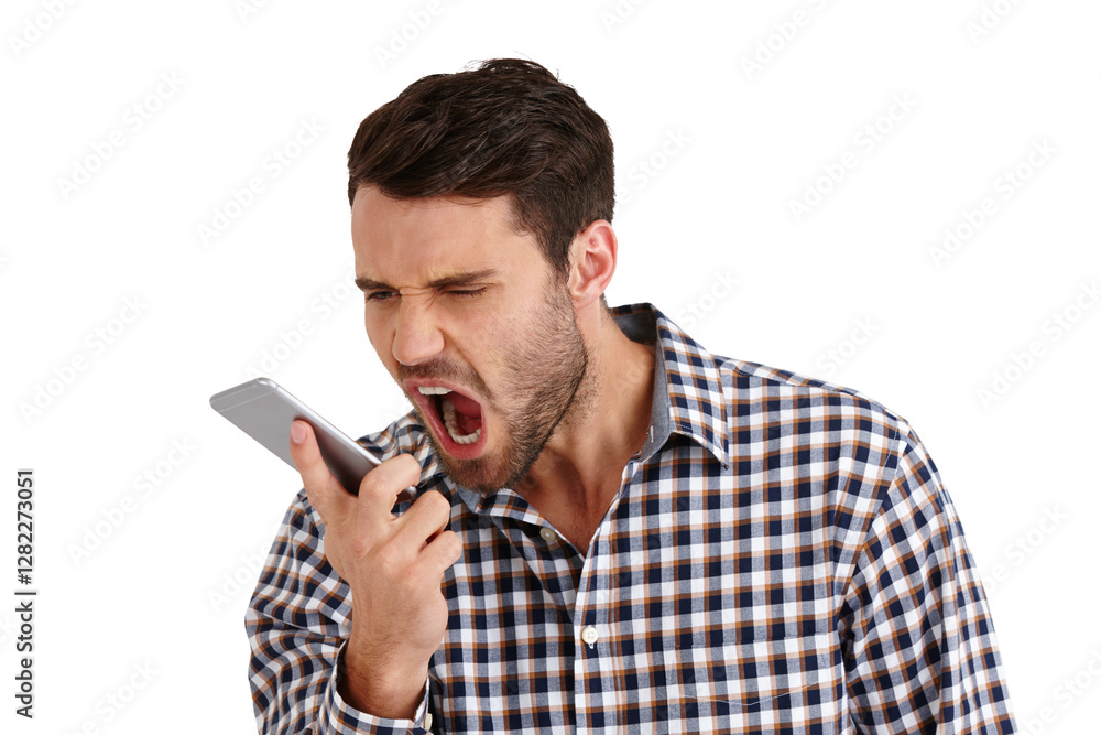 Aufkleber man, angry and shout on phone call in studio with stress, voice and mental health by white backgroun