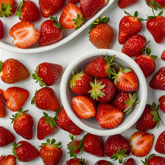 Sweet Crimson Bounty: A top-down shot displays an array of fresh, ripe strawberries scattered around white bowls, presenting their vibrant color and juicy appeal, a delightful treat.