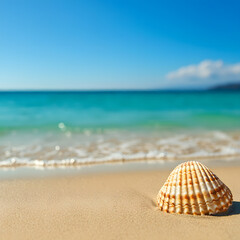 Obraz premium Seashell on sandy beach with turquoise ocean waves in background summer vacation travel nature coastal scenery tropical paradise