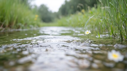 Fototapeta premium Clear water flows through a shallow stream surrounded by green grass and small white wildflowers.