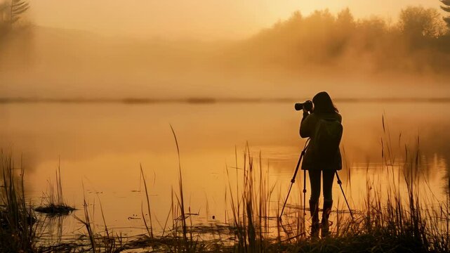 Early morning photo shoot of female wildlife photographer by a lake
