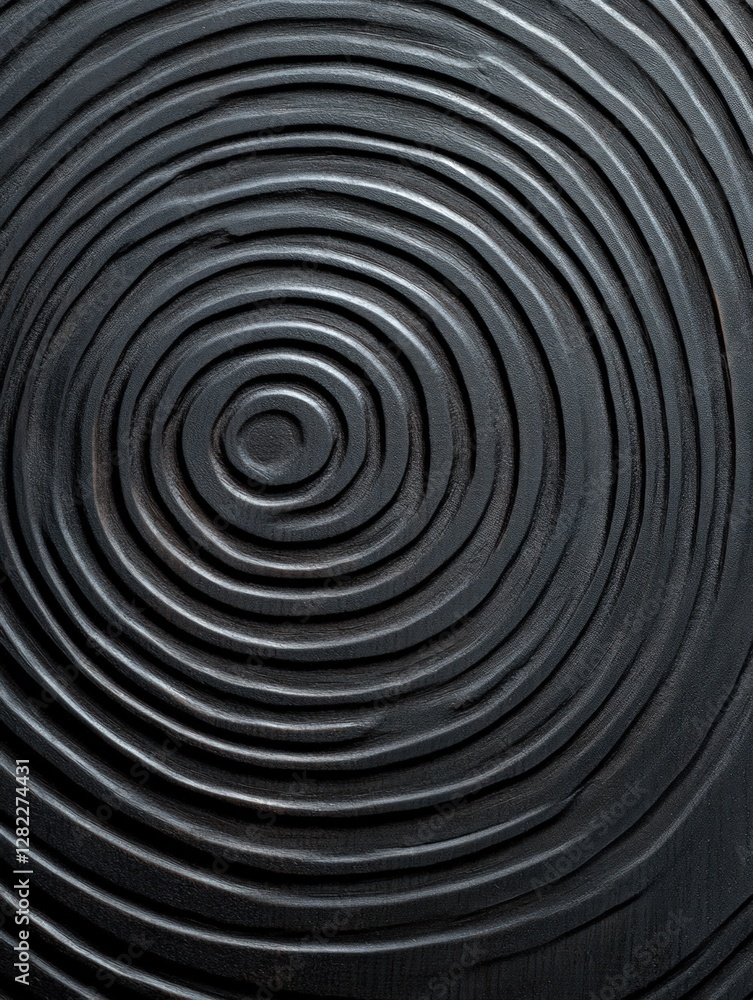 Poster close up of a black metallic surface with concentric circular engraved pattern