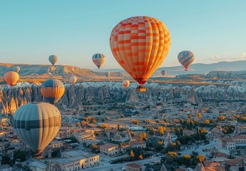 Obraz premium Colorful Hot Air Balloons Floating Over Scenic Landscape at Sunset