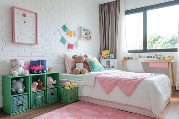 Bright girl's bedroom with white brick wall, pink bedding, toys, and green storage cubes.
