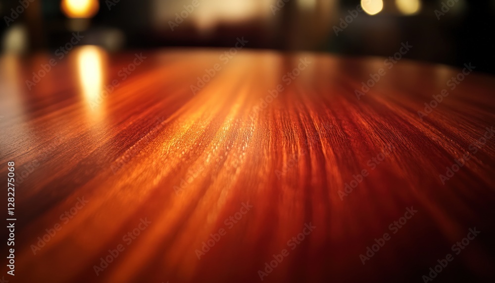 Poster close up of polished wooden table surface with warm lighting and textured detail creating an elegant