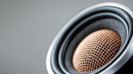 Close-up speaker detail, audio technology, gray background, music production
