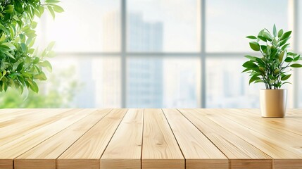 Wooden Tabletop With Plants And Blurred Background Of City Buildings