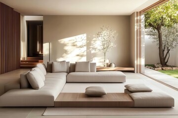 The perfect blend of comfort and minimalism in a cozy Japandi home interior.