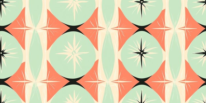 Mid-century modern abstract pattern, 1950s surface design, atomic boomerang shapes, starburst forms, retro mint and coral