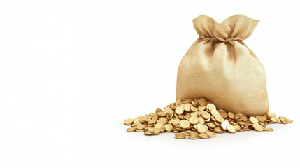 Golden Coin Bag with Spilled Coins on White Background