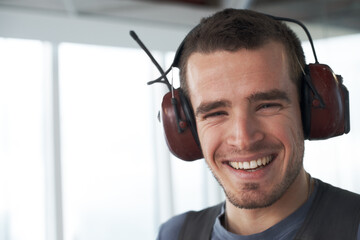 Smile, headphones and portrait of man at airport for air traffic controller, tower communication...