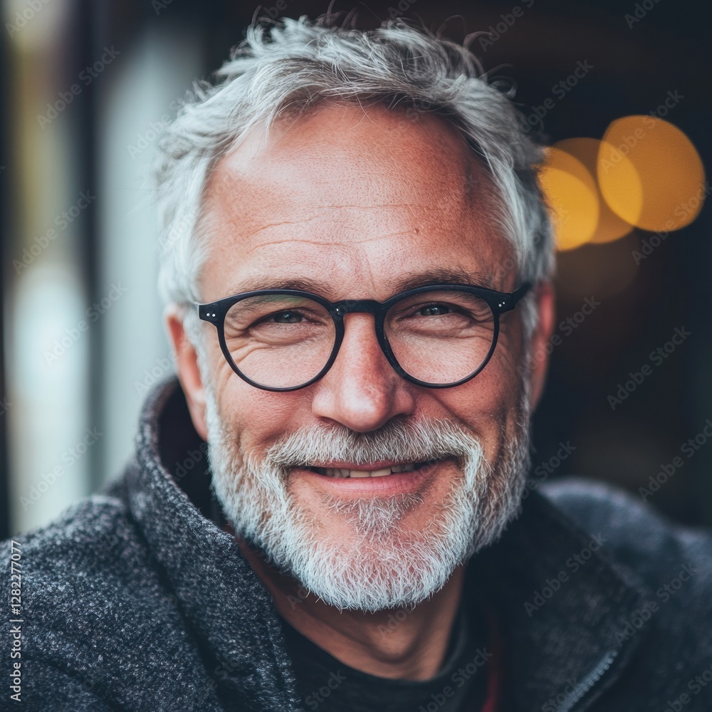 Poster older man with glasses smiling warmly in a cozy indoor setting during the evening hours. generative 