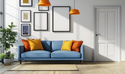Bright living room with blue sofa, orange pillows, and gallery wall.