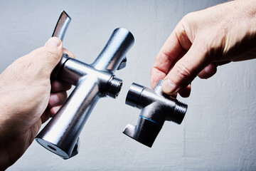 Control handles and shower faucet combo being assembled, highlighting joint connection and mounting...