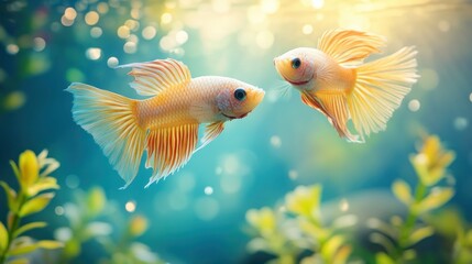 Fototapeta premium Two betta fish in aquarium, interacting, with soft lighting, floral background. Possible use pet store advertisement