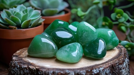 A harmonious display of polished green aventurine and succulent plants.