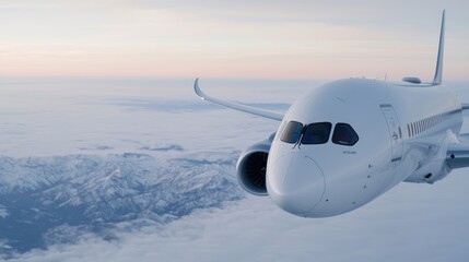 Fototapeta premium Commercial passenger airplane flies high above snow-covered mountains and clouds during a soft sunrise.