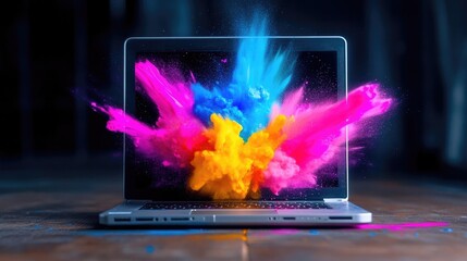 Vibrant paint splashes bursting from laptop screen in a creative explosion