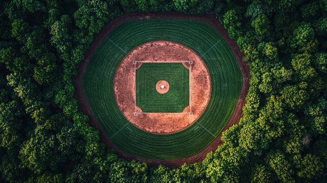Aerial view of baseball field surrounded by trees, a recreational sport - Powered by Adobe