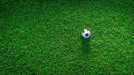 Obraz premium Isolated soccer ball on a vibrant green grass background, centered, top view, sharp details, no people