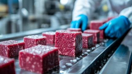 Raw wagyu beef blocks on stainless steel conveyor belt in modern Japanese meat processing plant Workers in white uniforms and blue gloves handle beef with care Symbolizes hygiene precision quality