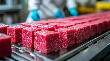 Raw wagyu beef blocks on stainless steel conveyor belt in modern Japanese meat processing plant Workers in white uniforms and blue gloves handle beef with care Symbolizes hygiene precision quality