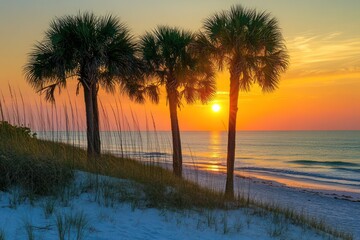 Fototapeta premium Sunset over beach, palm trees silhouetted, tranquil ocean