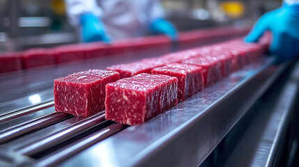 Raw wagyu beef blocks on stainless steel conveyor belt in modern Japanese meat processing plant Workers in white uniforms and blue gloves handle beef with care Symbolizes hygiene precision quality