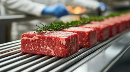 Raw wagyu beef blocks on stainless steel conveyor belt in modern Japanese meat processing plant Workers in white uniforms and blue gloves handle beef with care Symbolizes hygiene precision quality