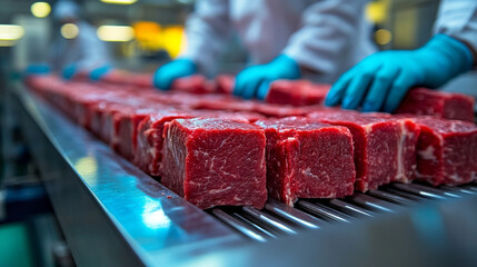 Raw wagyu beef blocks on stainless steel conveyor belt in modern Japanese meat processing plant Workers in white uniforms and blue gloves handle beef with care Symbolizes hygiene precision quality